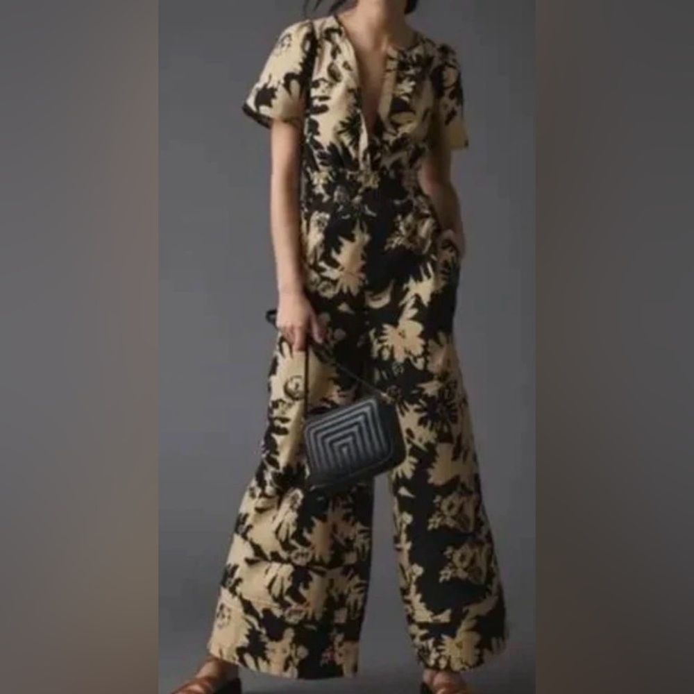 ANTHROPOLOGIE Somerset Black/Tan Floral Wide Leg Jumpsuit Size XS (Like a S/M) - Picture 2 of 16